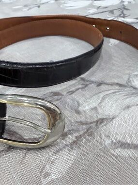 Fashion Croco Calfskin Black Embossed Leather Belt Size 95/38 Silver Gold Buckle